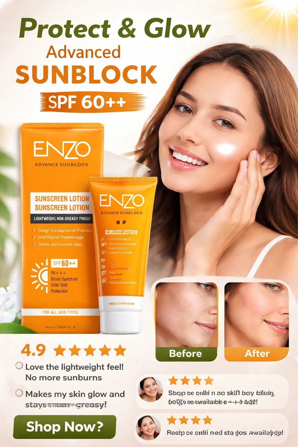 ENZO Advance Sunblock SPF 60+ PA+++ – Lightweight Non-Greasy Sunscreen Lotion UNIQUE STORE
